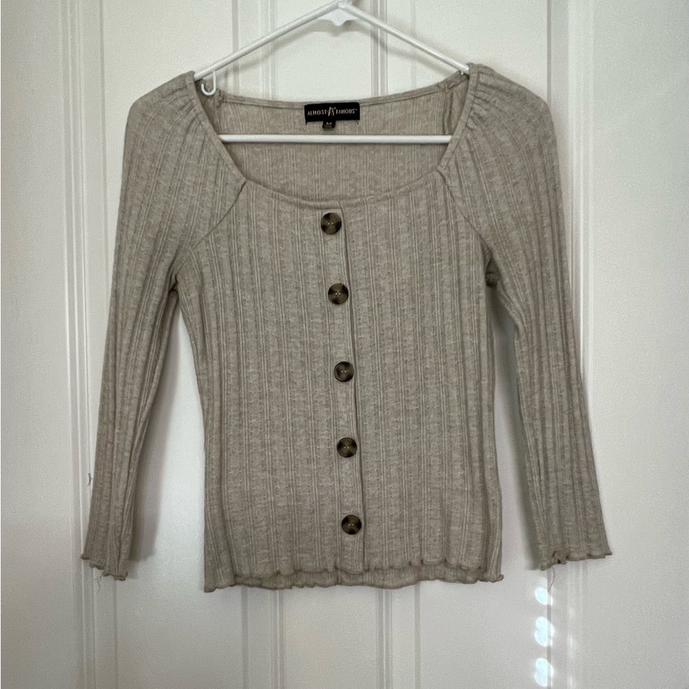 Almost Famous Beige Ribbed Button Down Square Neck Top - Size M